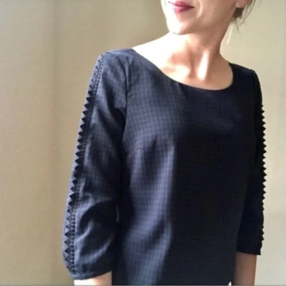 MAISON SCOTCH Navy Houndstooth Shift Dress 3/4 Sleeve Textured Chic Sz S - Picture 3 of 5
